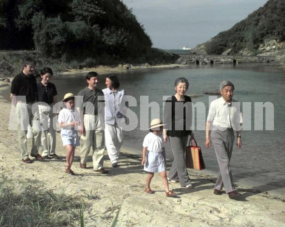 皇太子夫妻、秋篠宮一家とともに浜辺を散策する天皇、皇后両陛下皇太子夫妻、秋篠宮一家とともに浜辺を散策する天皇、皇后両陛下